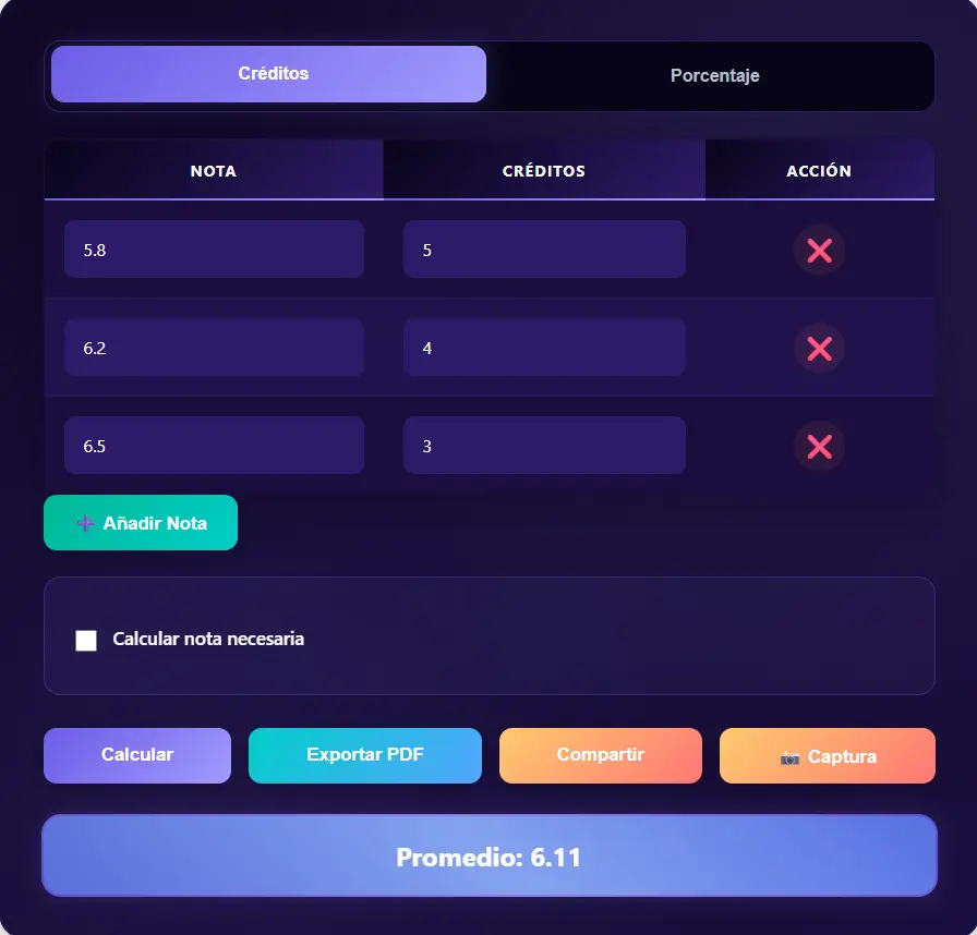Formulario calculadora de notas por créditos